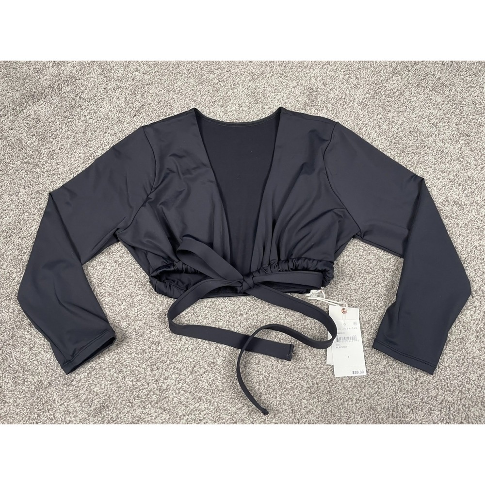 Good American Shirt Womens Large Black Crop Tie Front Wrap Basic Stretch Top NEW